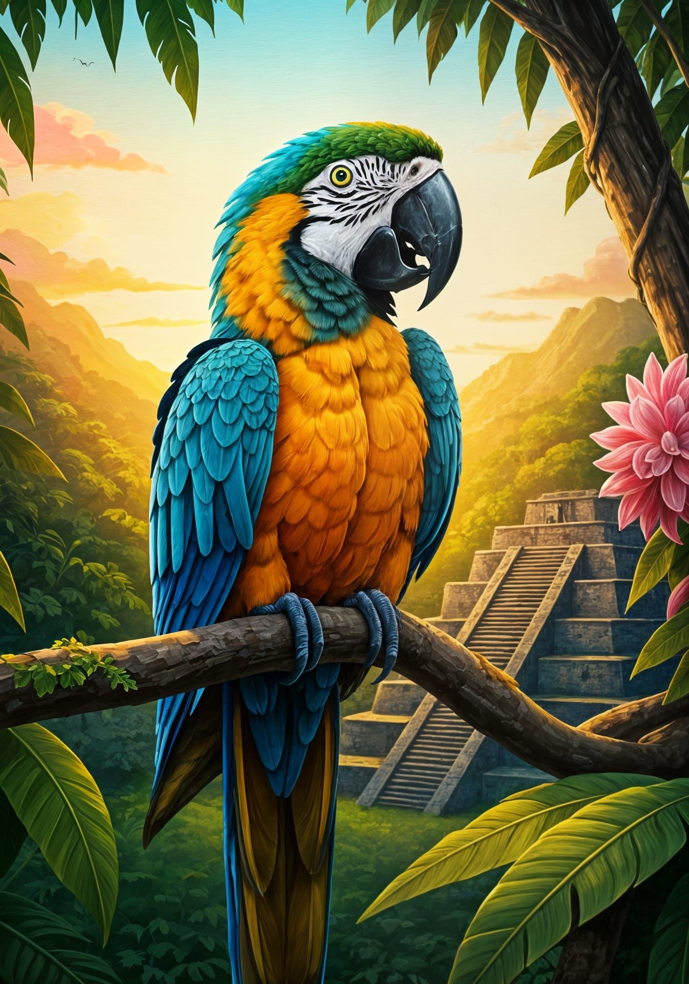 Vibrant Macaw on Incan Pyramid at Sunset