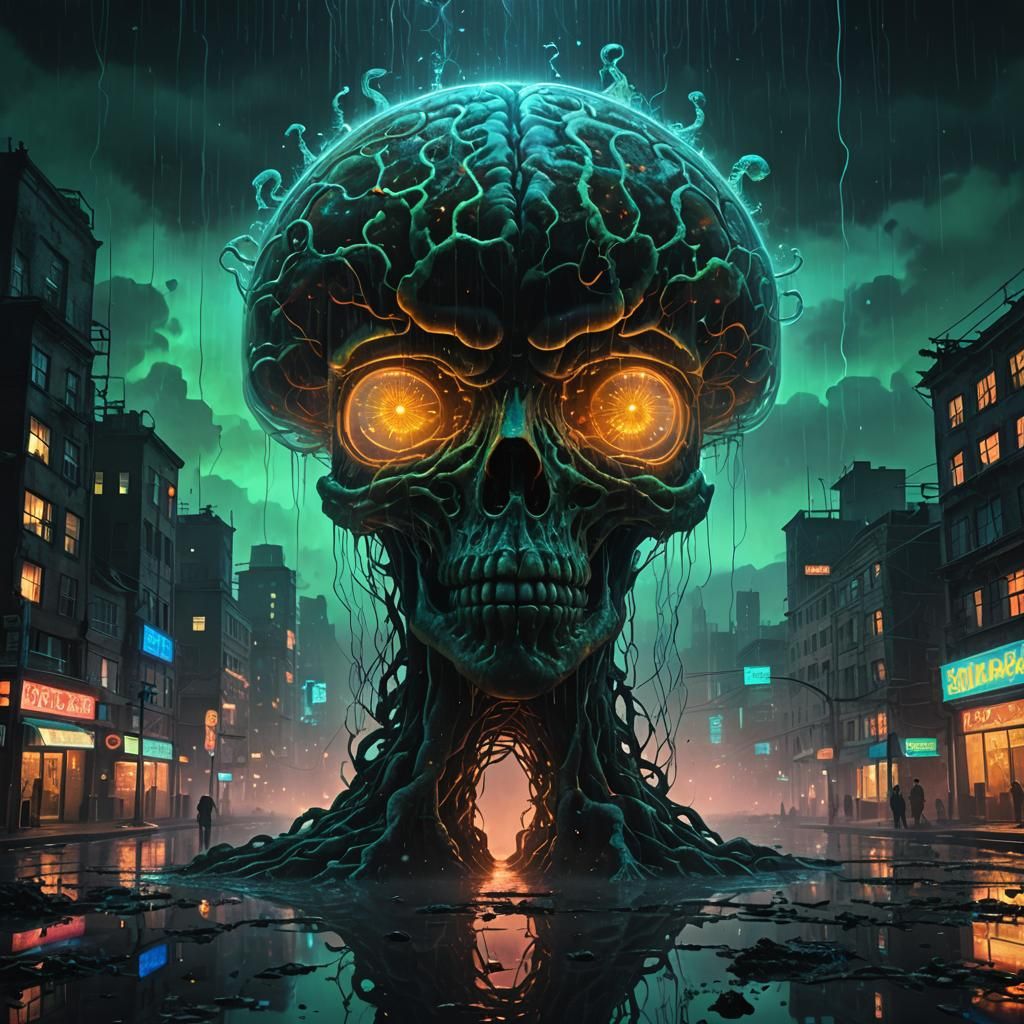 Beksiński-Inspired Dark Fantasy with Glowing Glass