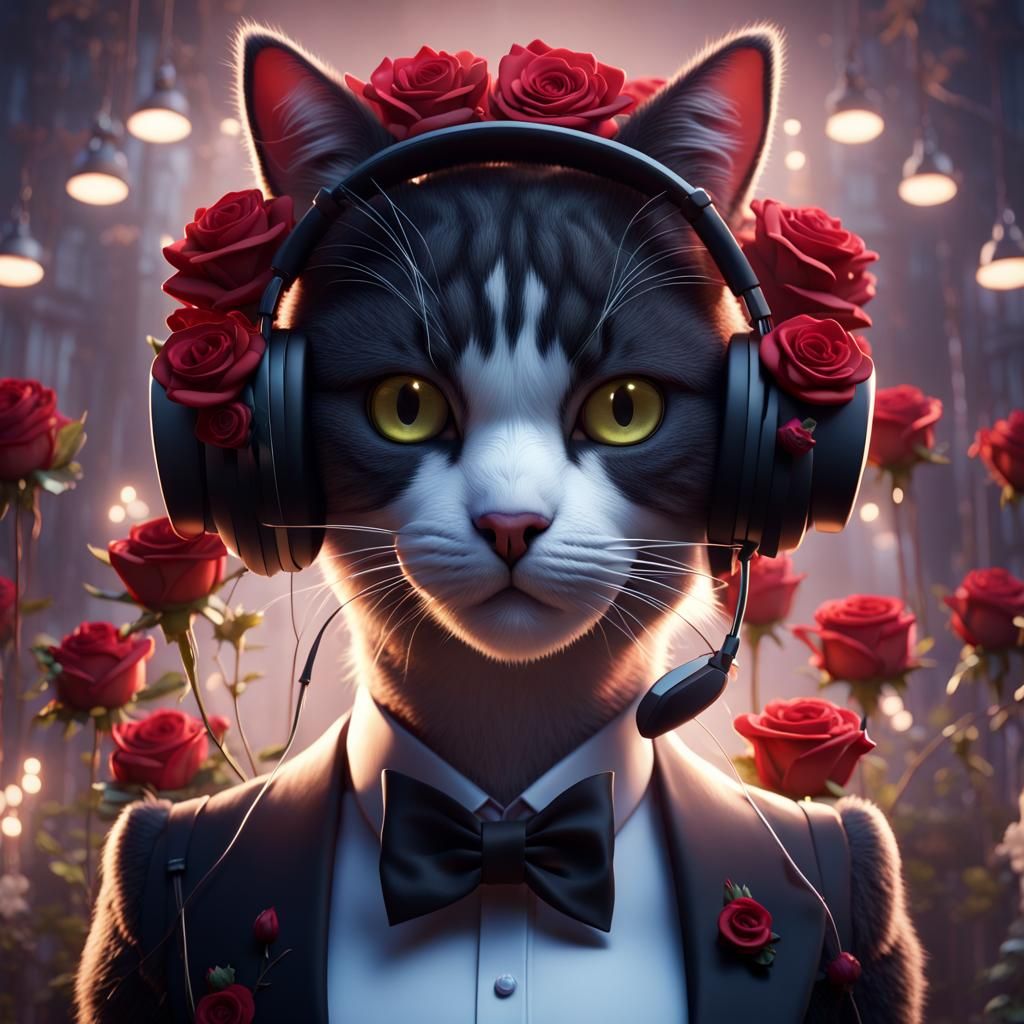 Music Video Scene with Tuxedo Cat in Artstation Style