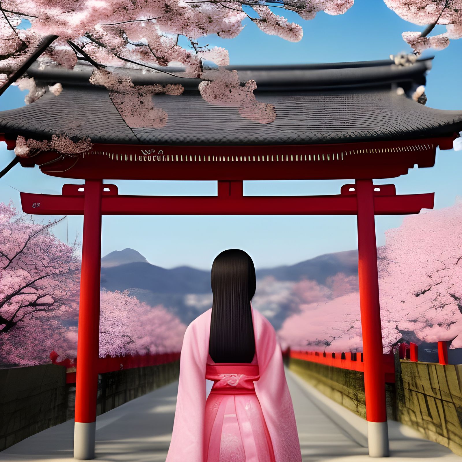 Japanese Woman in Kimono with Cherry Blossoms