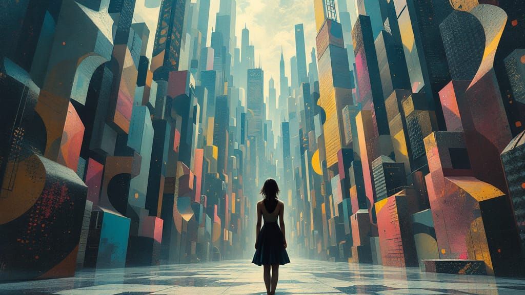 Surreal Cityscape with Warped Skyscrapers