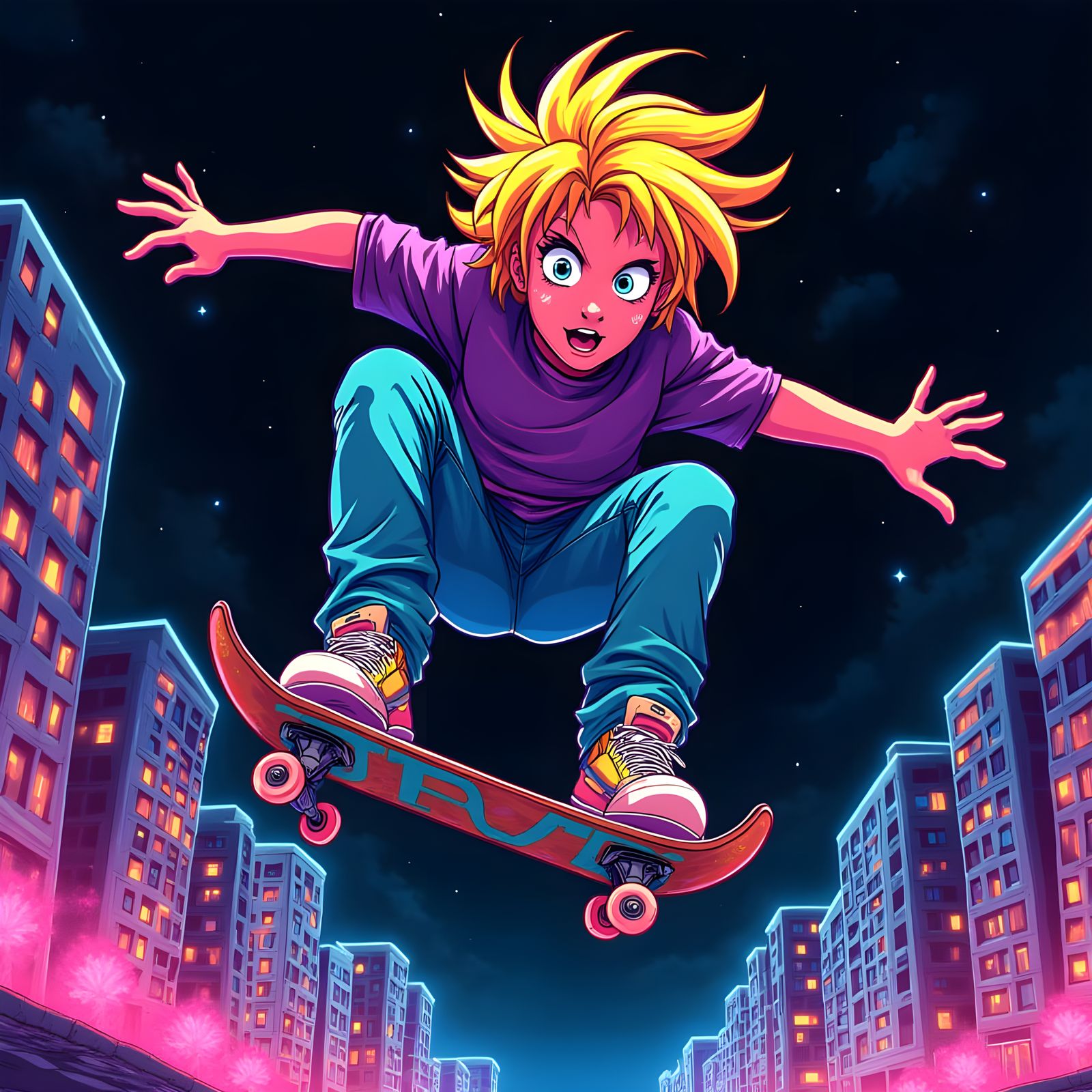 Blond Skater Defies Gravity in Neon City