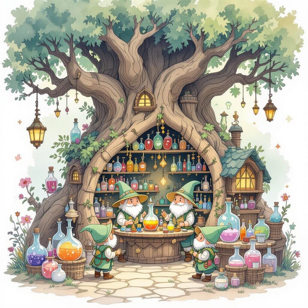 Goblin Potion Shop in Dreamy Watercolor Style