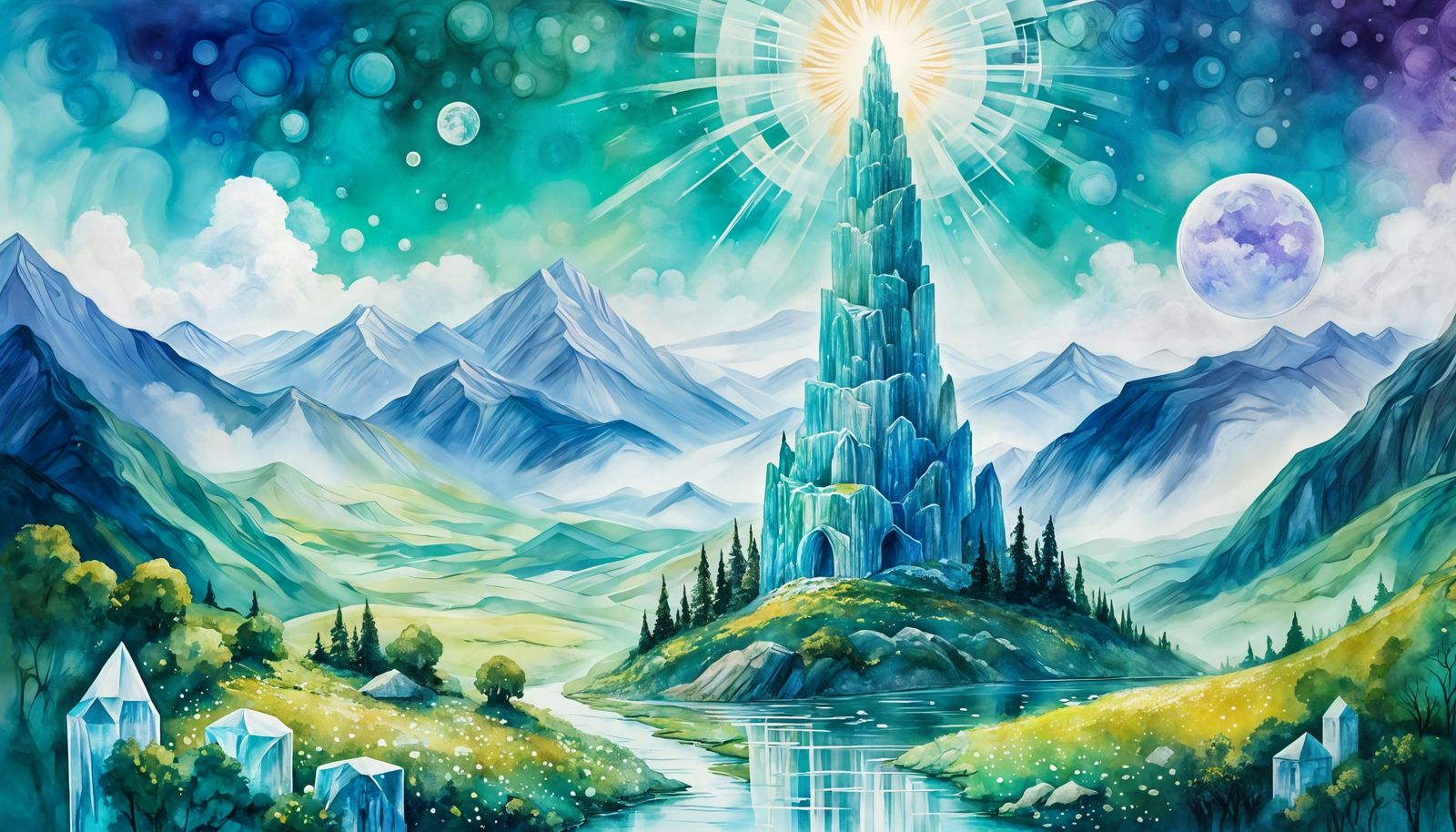 Ethereal Selenite Tower Amidst Amethyst Village and Emerald...