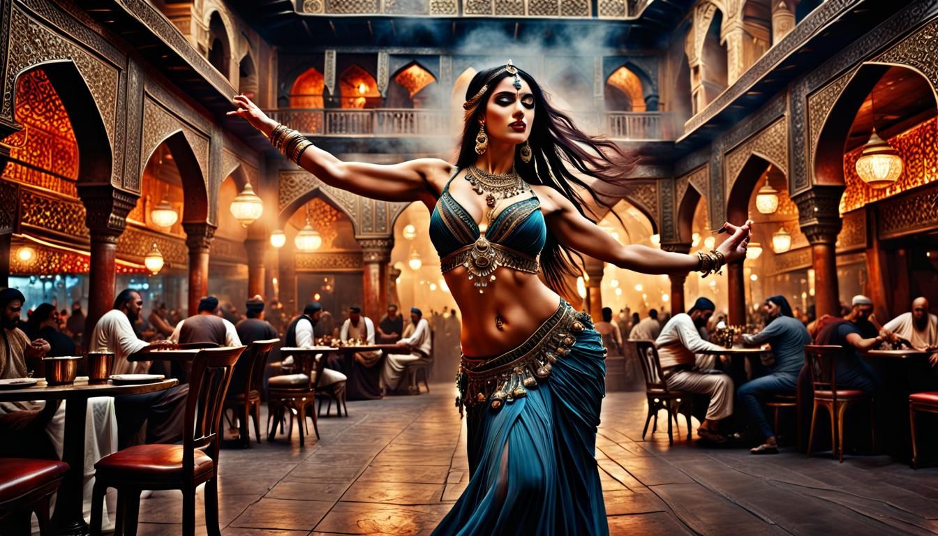 Belly Dancer's Vivacious Performance in Smoky Cafe
