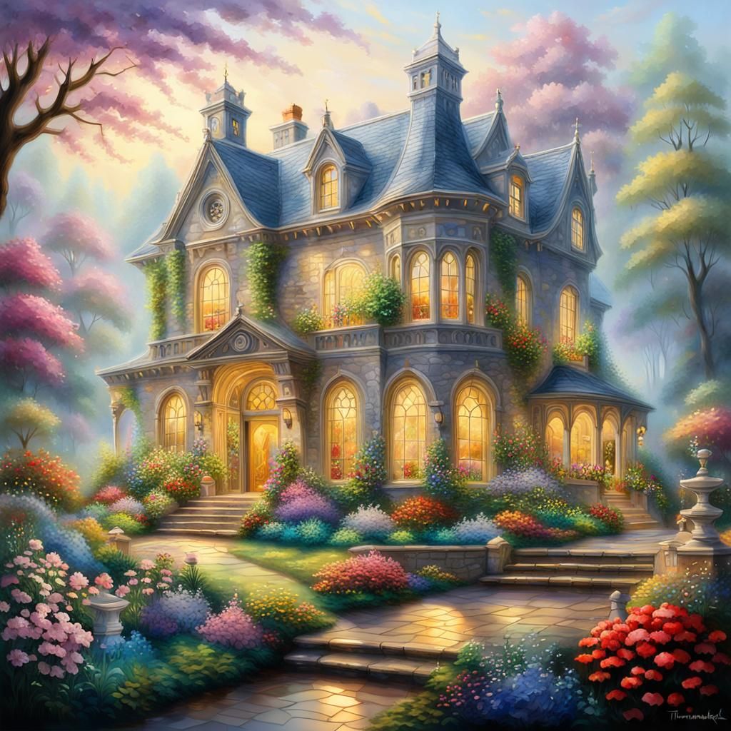 Ethereal Mansion in Colourful Gardens, Fantasy Art