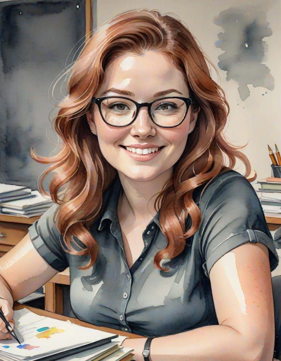 Adorable Teacher at Desk in Watercolor Sketch Style
