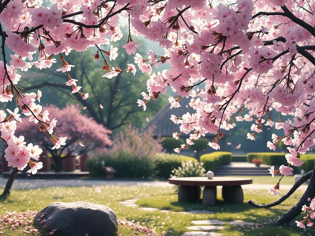Cherry Blossoms in Japanese Garden with Iridescent Highlight...