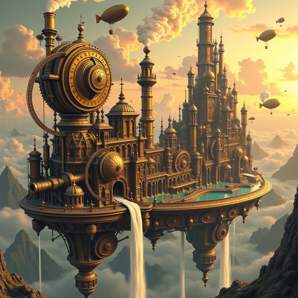 Clockwork Islands Floating in a Steampunk Sky