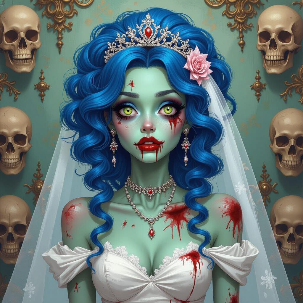 Whimsical Zombie Bride with Blue Hair in Oil Painting Style
