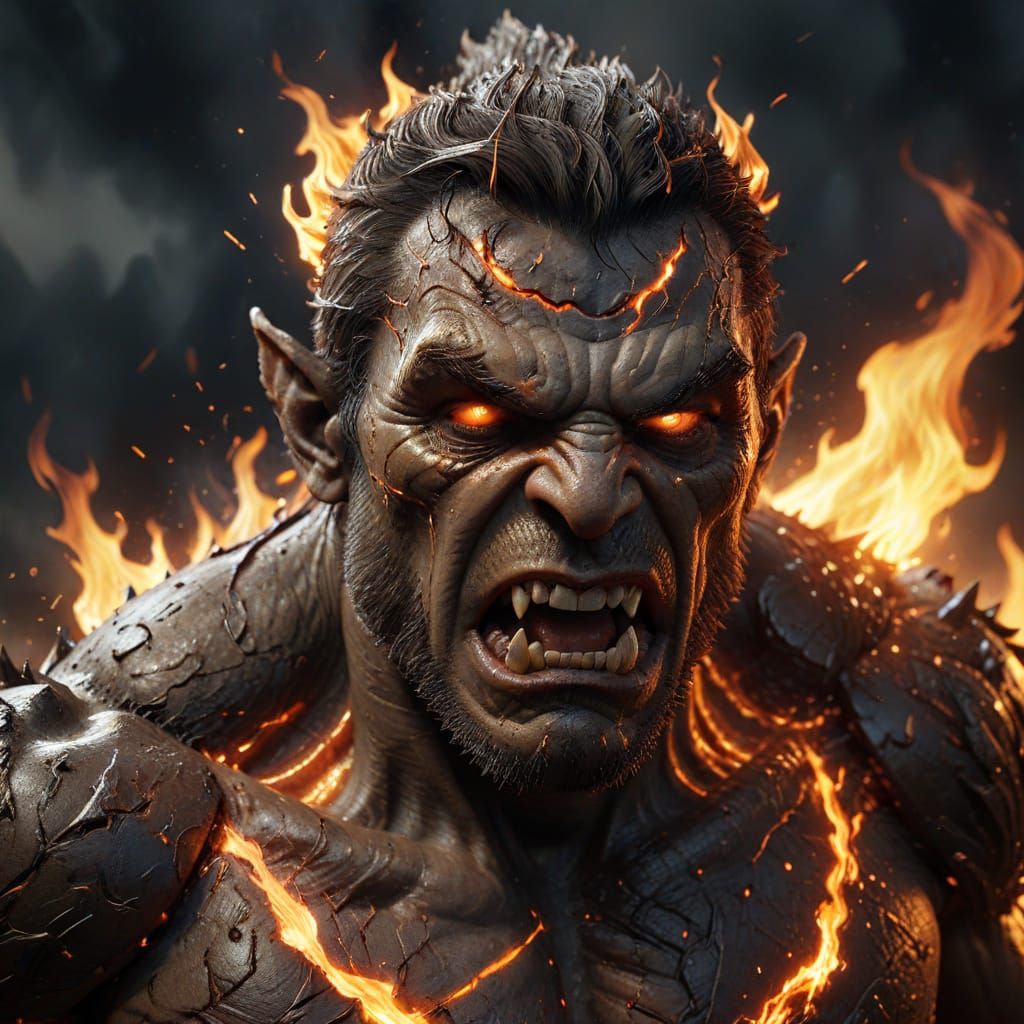 Flaming Orc Warrior Screaming in Battle