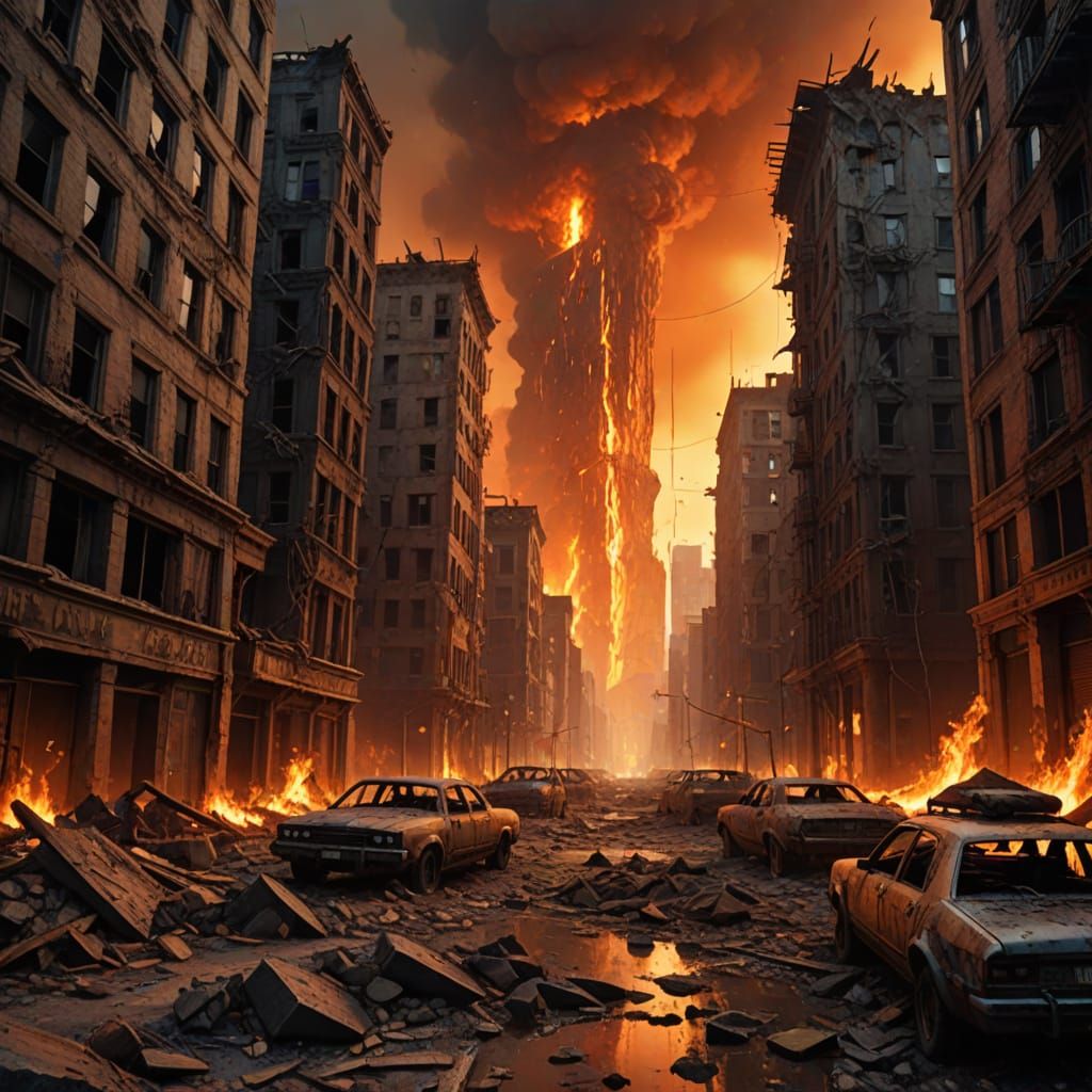 Vibrant Apocalyptic Cityscape in Triadic Colors