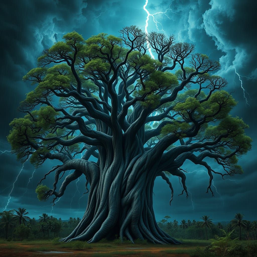 Gnarled Baobab Tree Stands Tall in Turbulent Stormy Sky