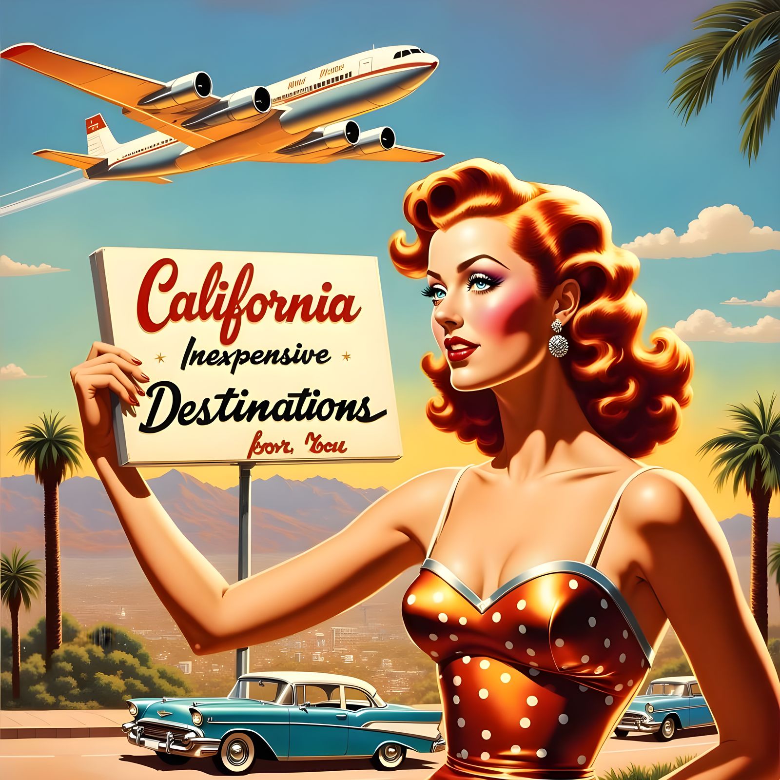 <lora:Pin-up flux:1.0>  A beautiful 1950s  vintage poster with an airplane in retro style colors with a right side profi...