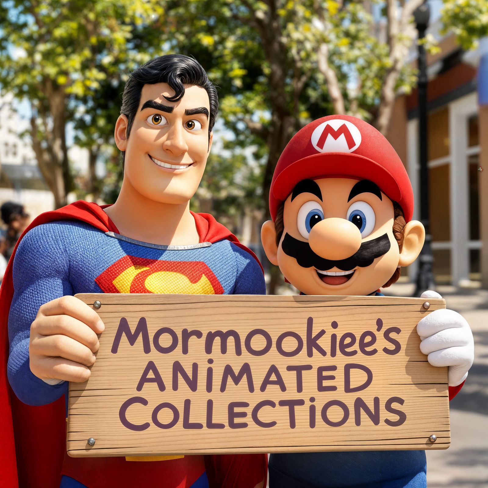 Superman and Mario's Animated Celebration in Pixar Style