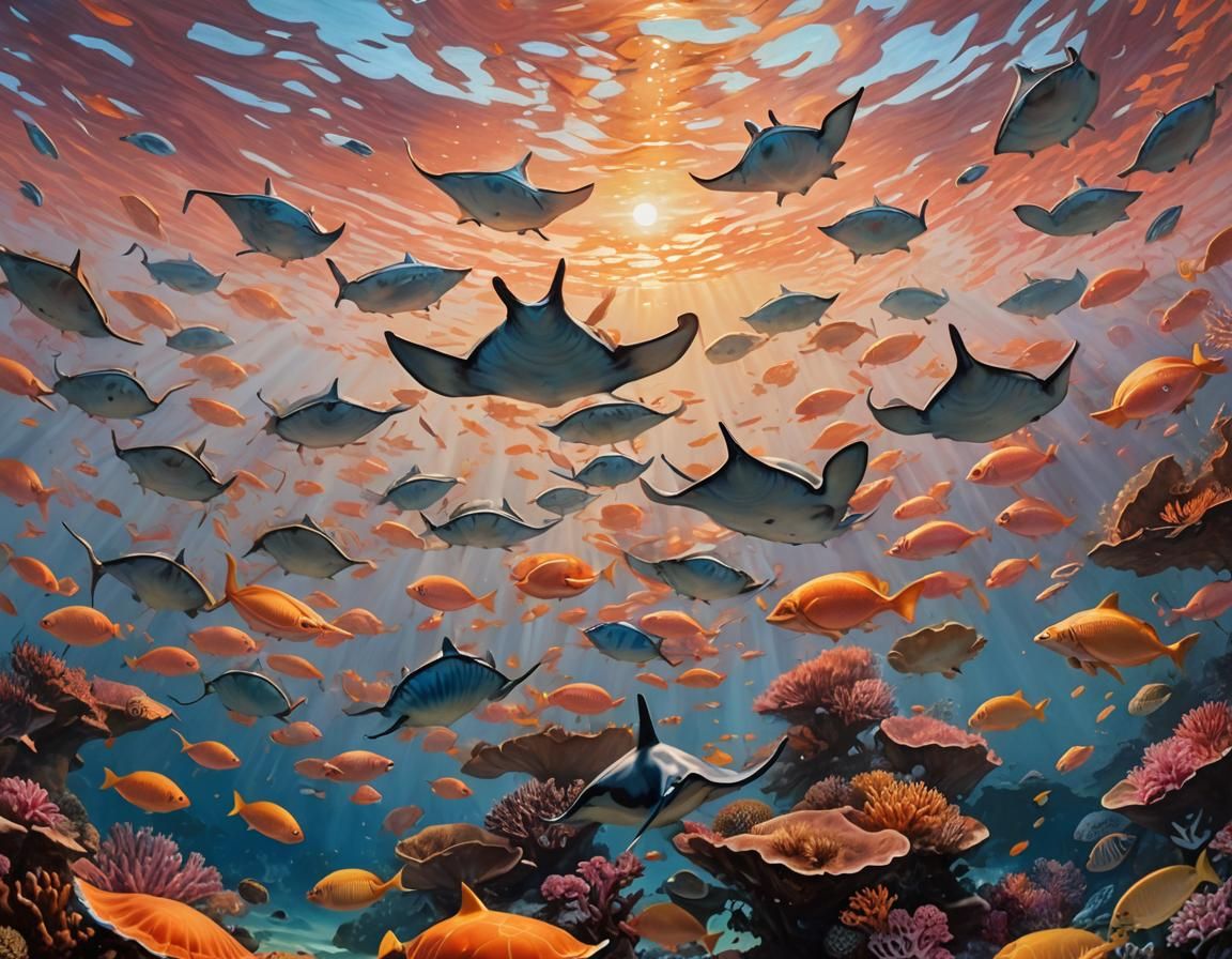 Underwater Dawn: Manta Rays in Oil Painting Style