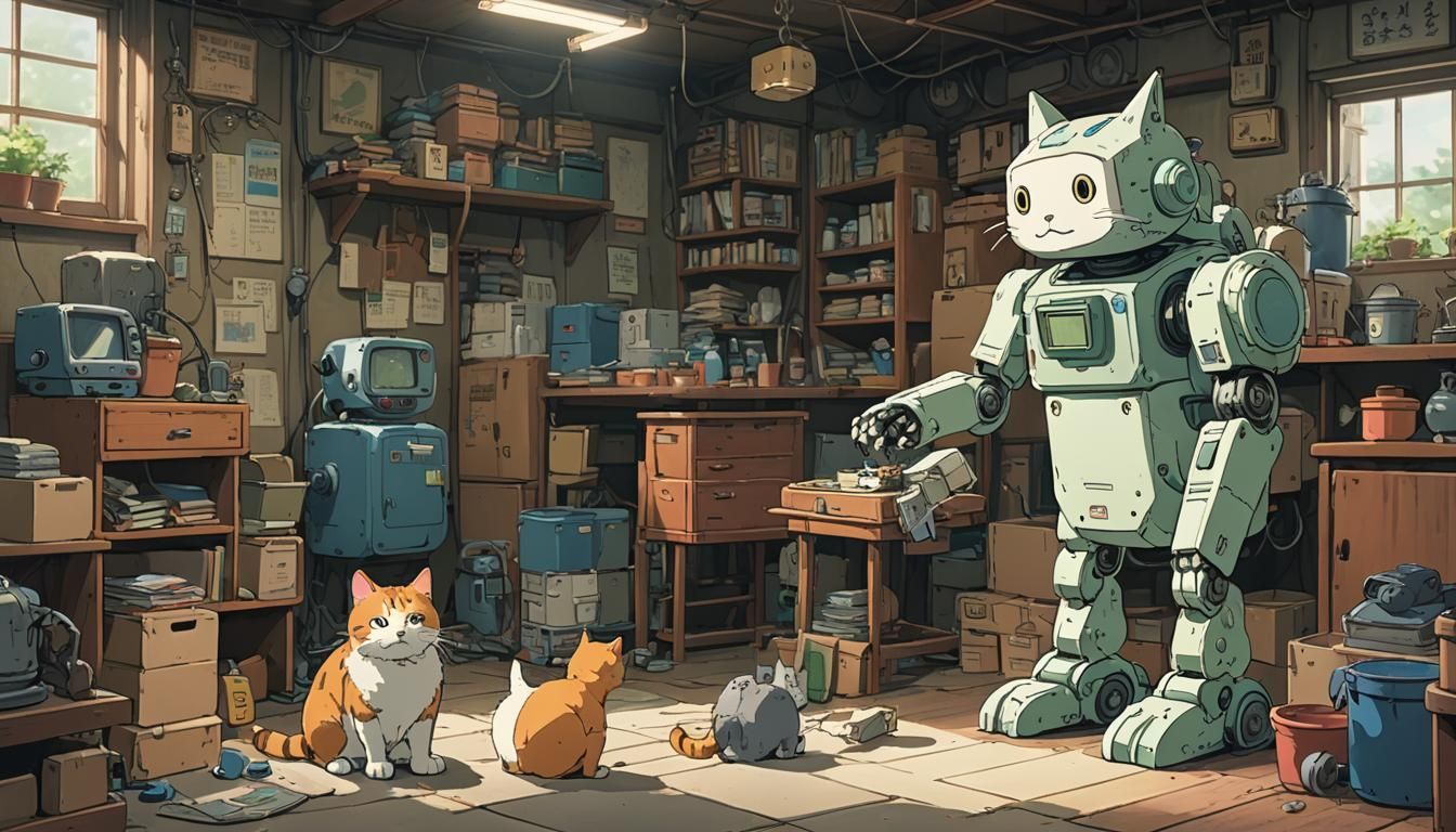Cute Robot and Cat in Ghibli Anime Style