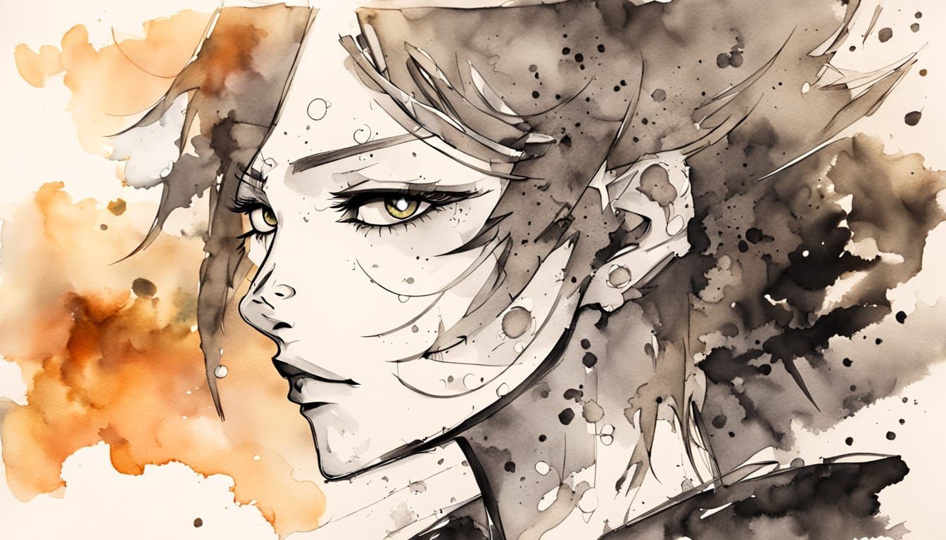 Redhead Sipping Pina Colada in Sumi-e Style