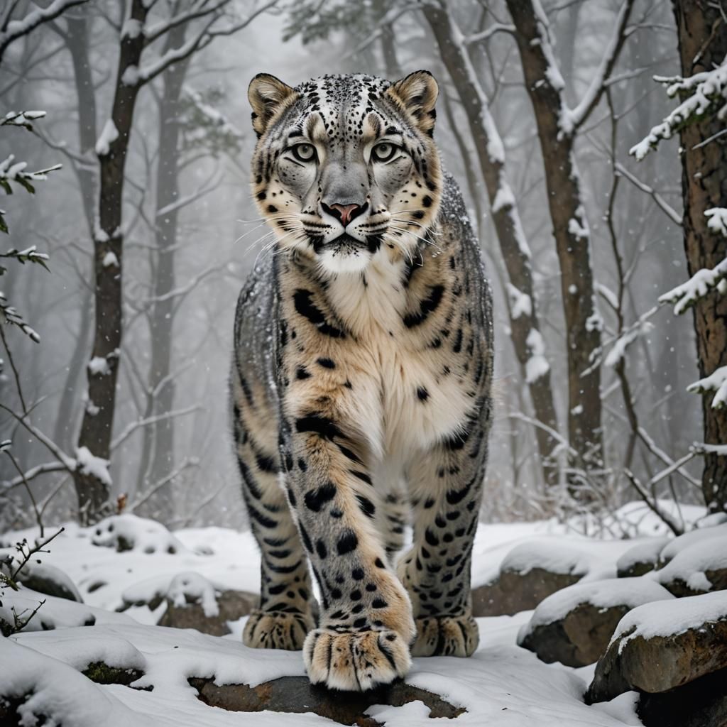 Stalking Snow Leopard in Snowy Mountains