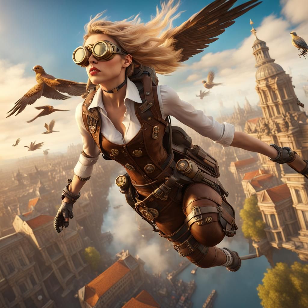 Steampunk girl with goggles in a steampunk jetpack, flying above a renaissance city alongside birds.