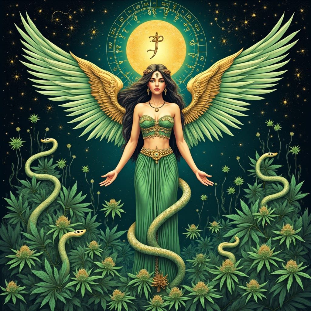 Mystical Angel Woman in Emerald Cannabis Garden