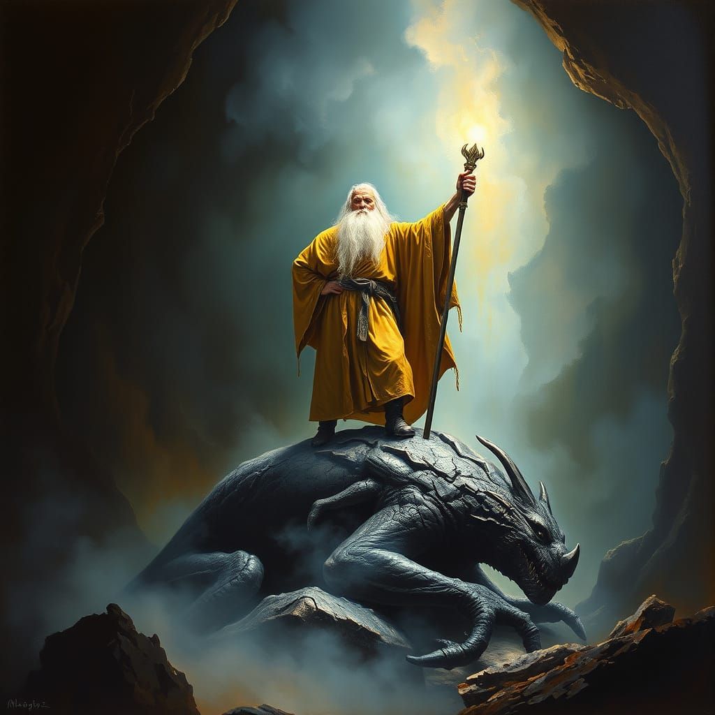 Gandalf's Triumph: An Oil Painting in Tenebrism