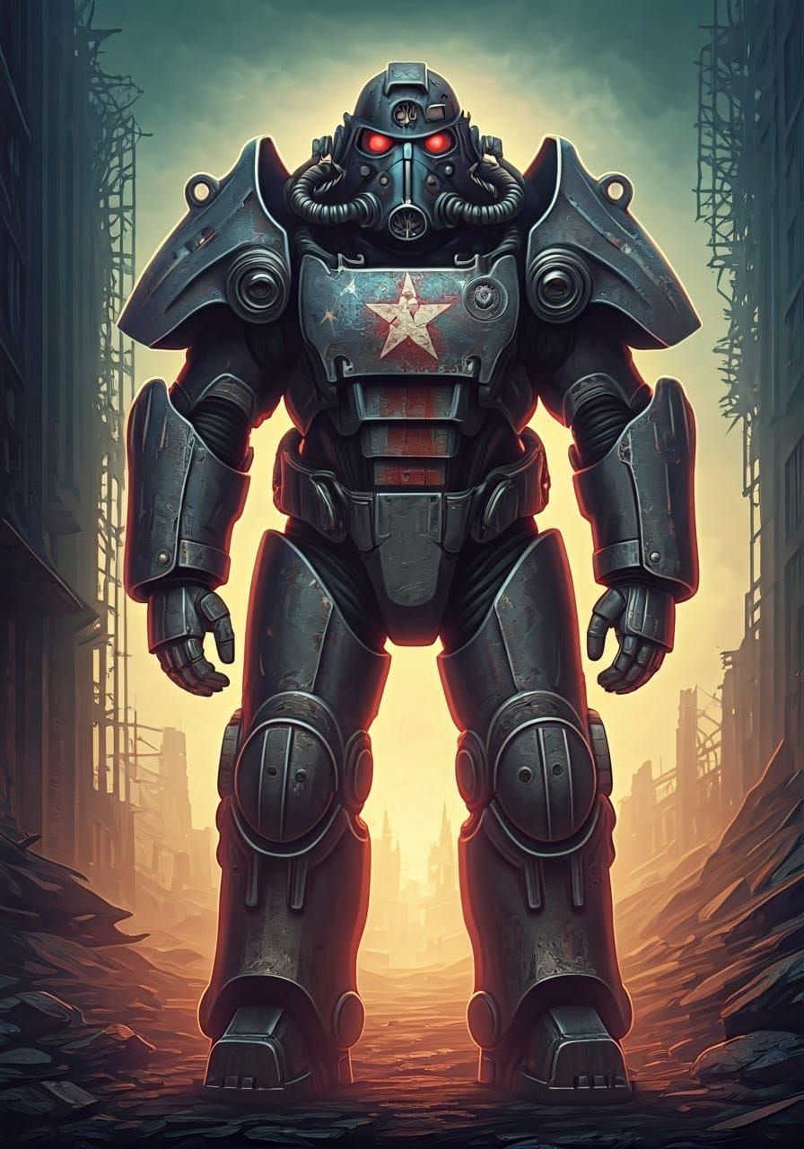 Retro-Futuristic Soldier in Ruined Cityscape