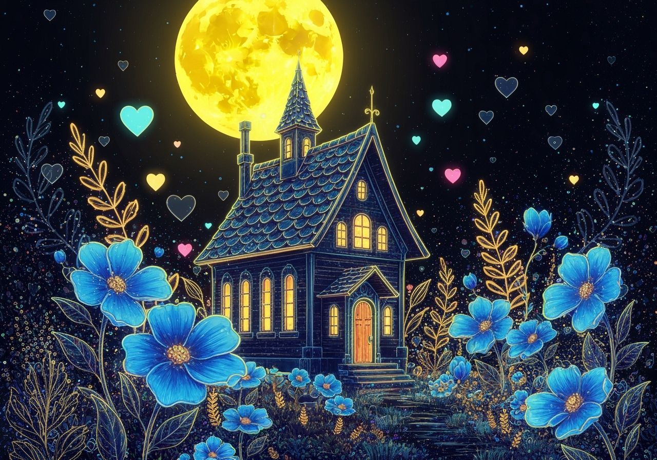 Whimsical Glowing House Under a Bright Moon