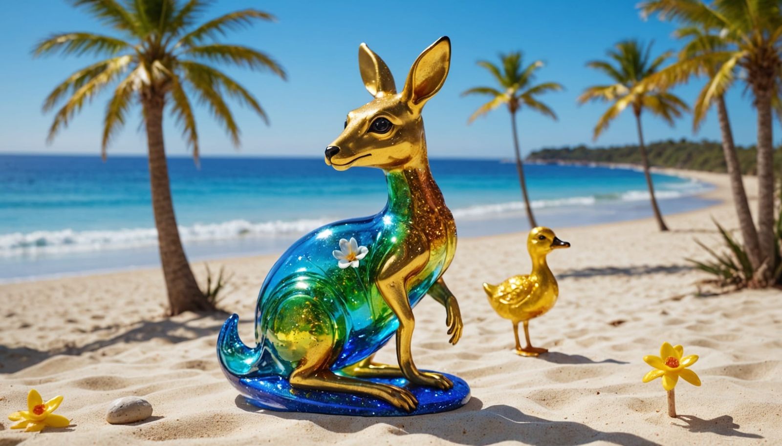 Vibrant Glass Sculpture of a Happy Kangaroo and Duckling