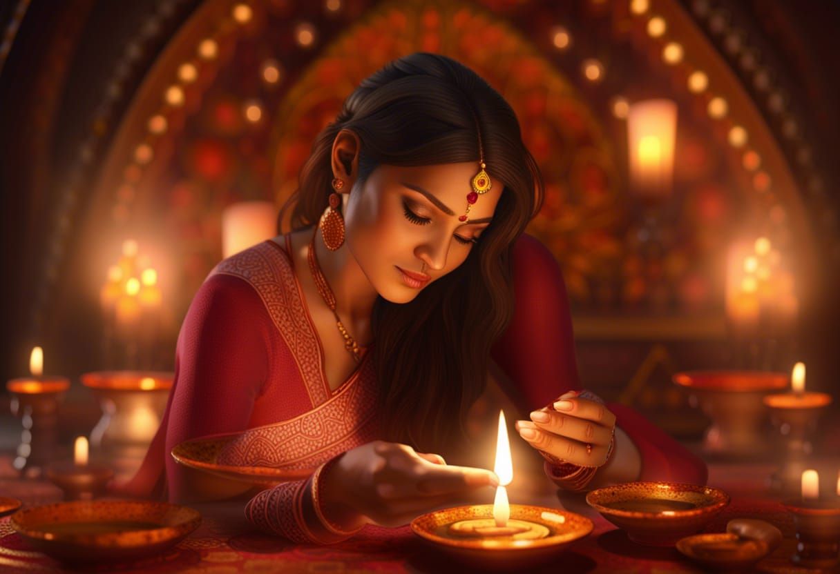 Woman Lights Diya with Amber Glow: 8K Detail