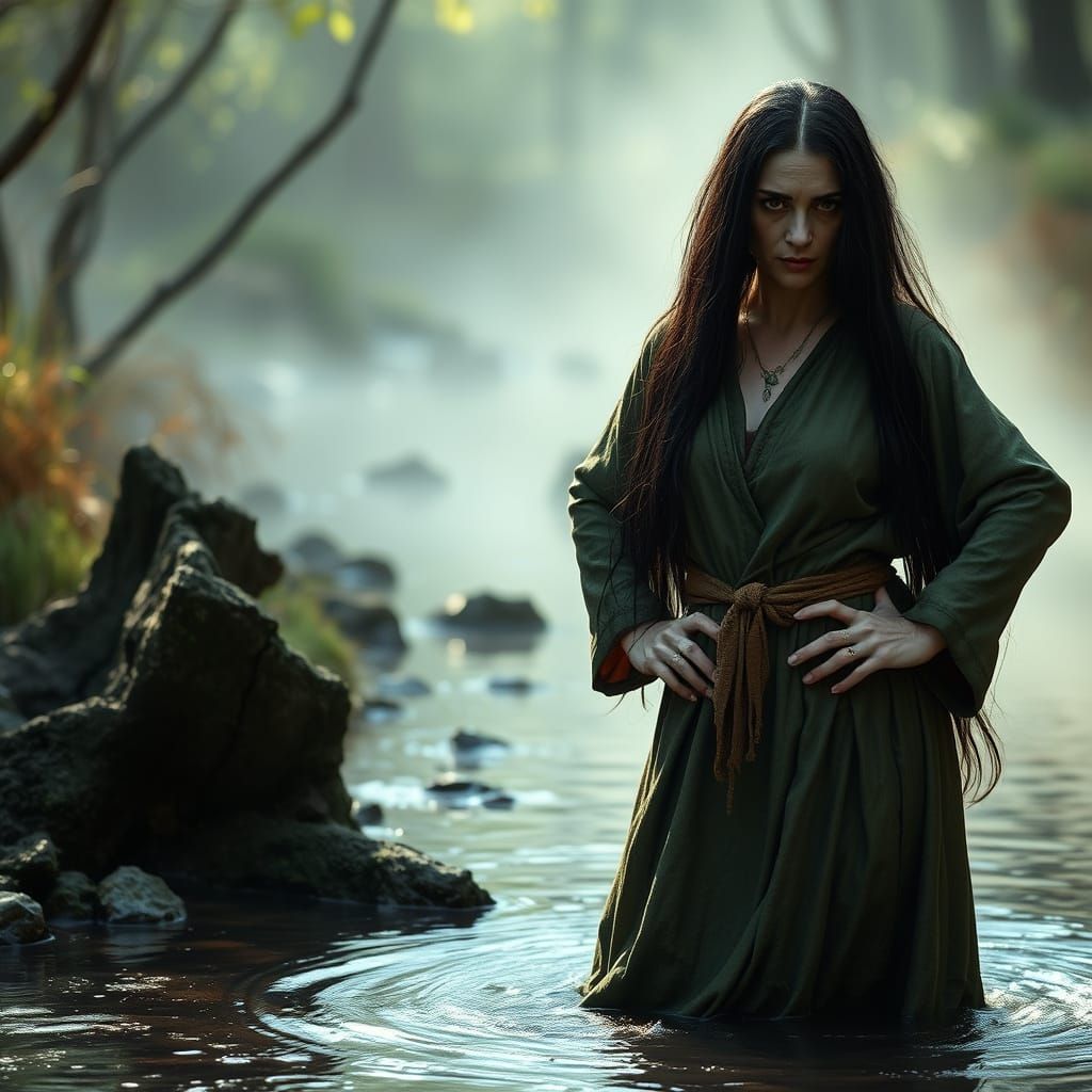Ancient Celtic Washerwoman Stands Defiant in Shallow Stream