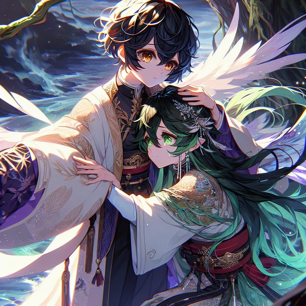 Anime Style Comforting Embrace in Fantasy Setting