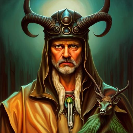 Horned Wizard Amidst Destruction, Detailed Digital Art