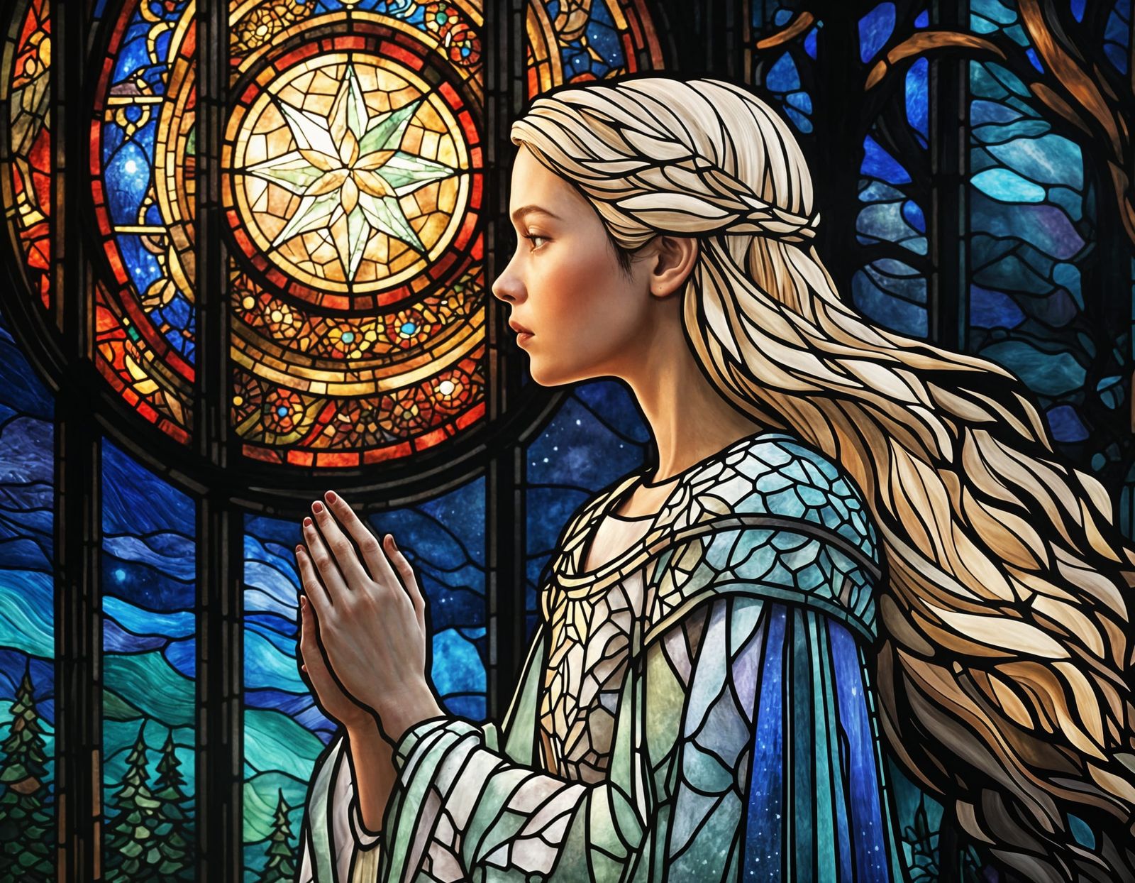 Stained Glass Girl Reaching for Starry Sky