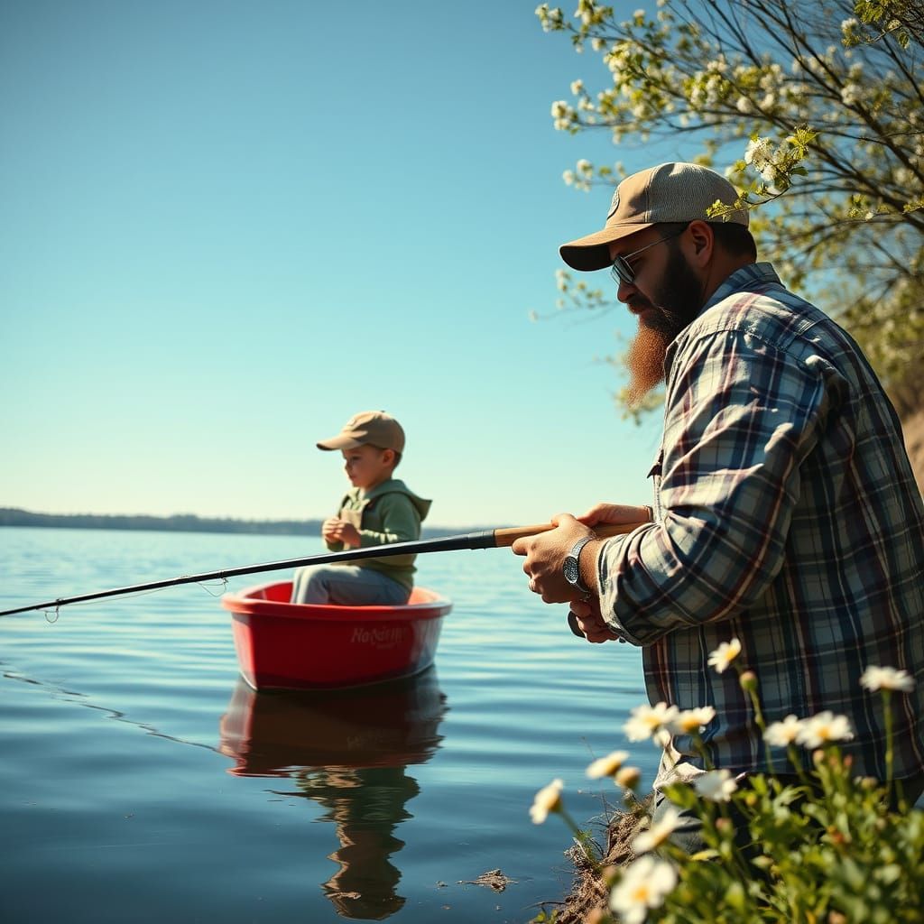 Father and Son Fishing on a Spring Day