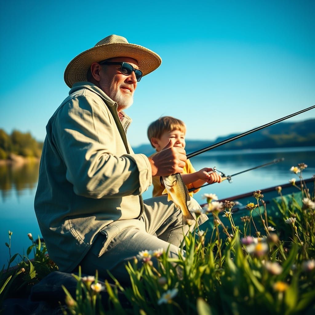 Father and Son Fishing on a Spring Day