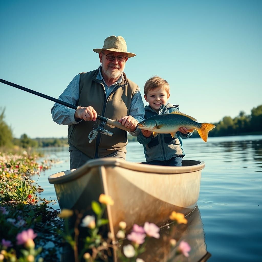 Father and Son Fishing on a Spring Day