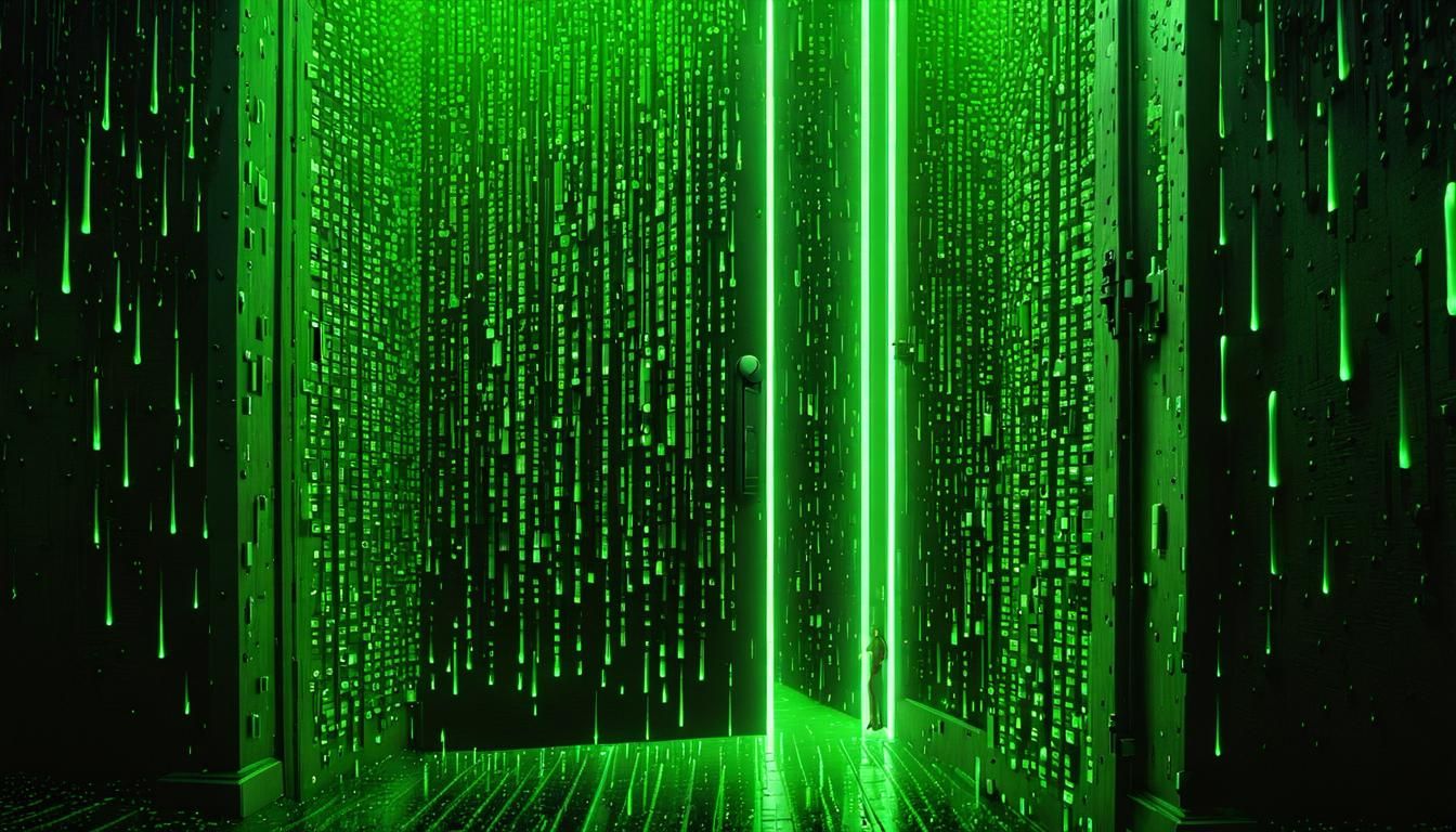 Matrix Doorway with Neon Code Rain