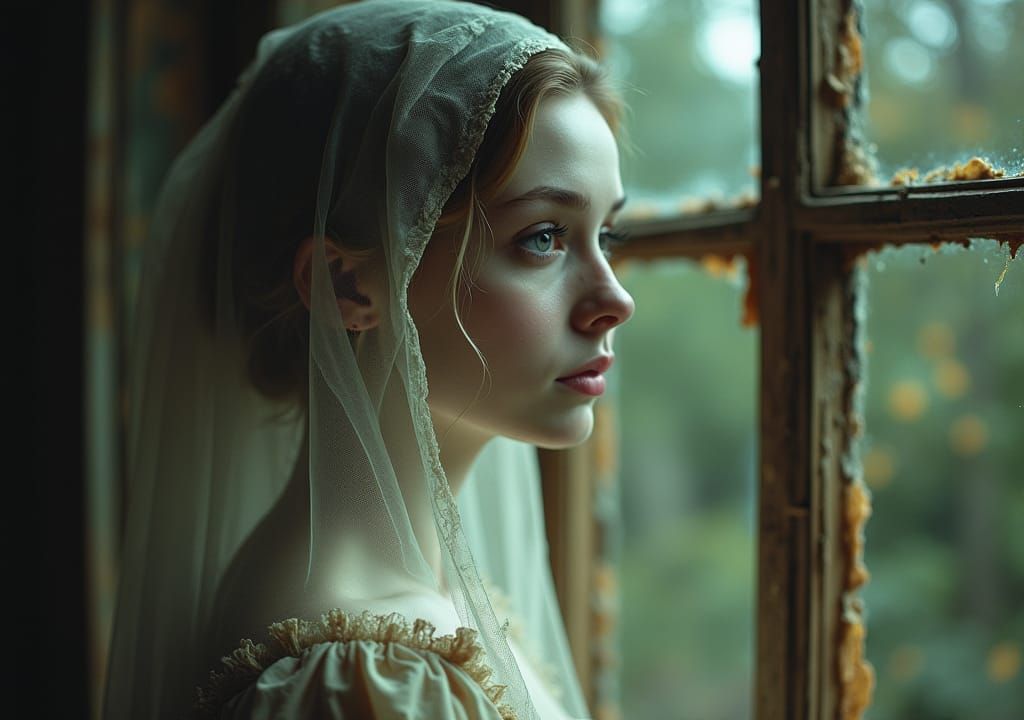 Ethereal Ghost Gazing Through Antique Window