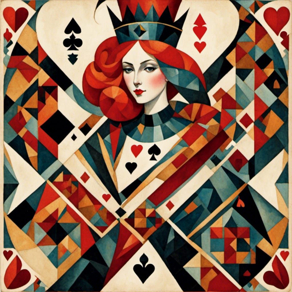 Queen of Hearts in Crystal Cubism Style