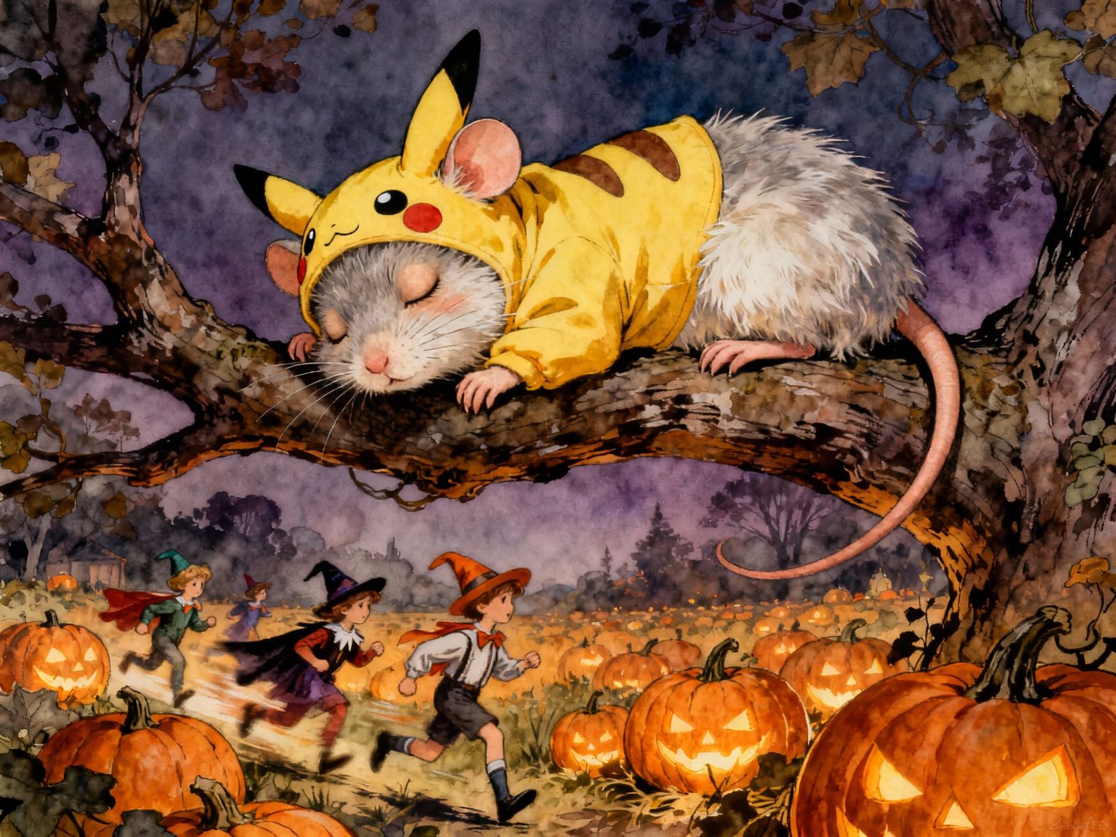 Cute Fluffy Mouse in Pikachu Costume on Tree Branch