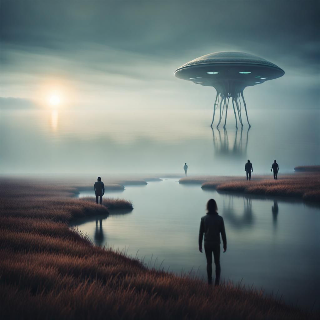 Eerie Alien Landscape with Hovering Beings