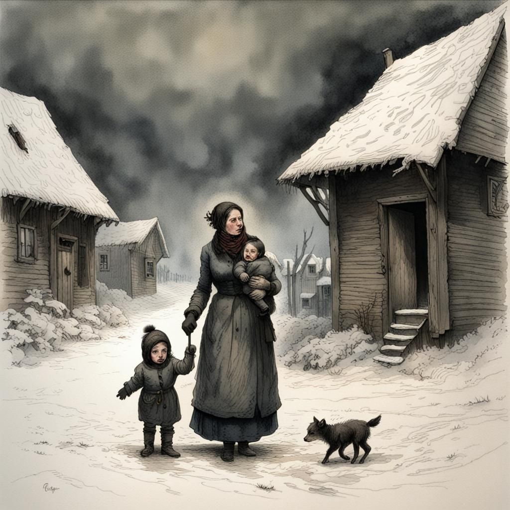 mother and toddler in a Russian winter village