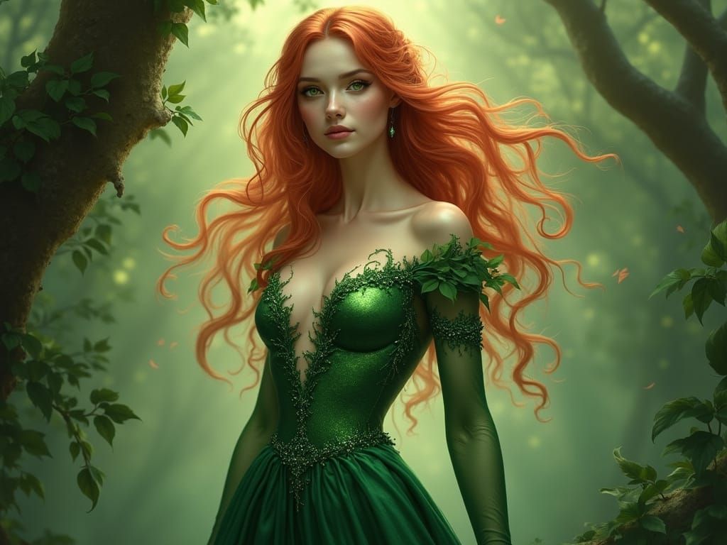 Mystical Elf Maiden in Emerald Gown