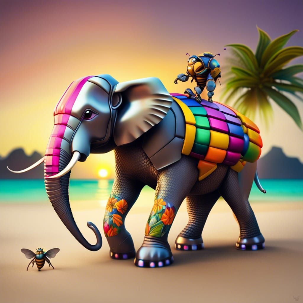 Armored Bee Rides Elephant on Tropical Island
