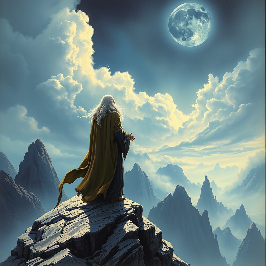 Sage Wizard Contemplates Ancient Landscapes in Dramatic Ligh...