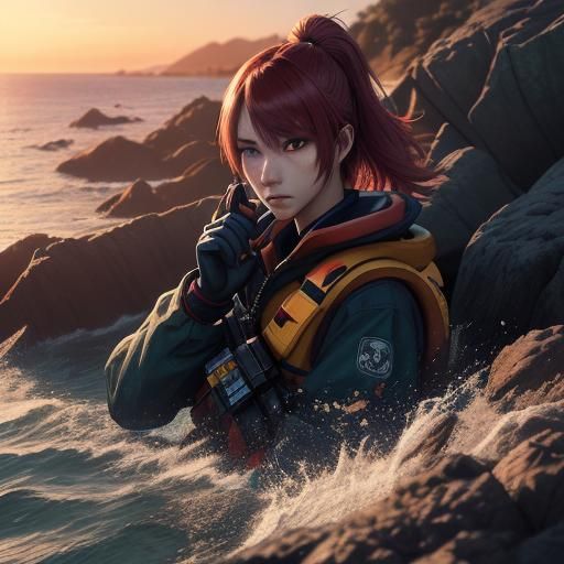 Anime Girl Sends Distress Signal on Rocky Beach