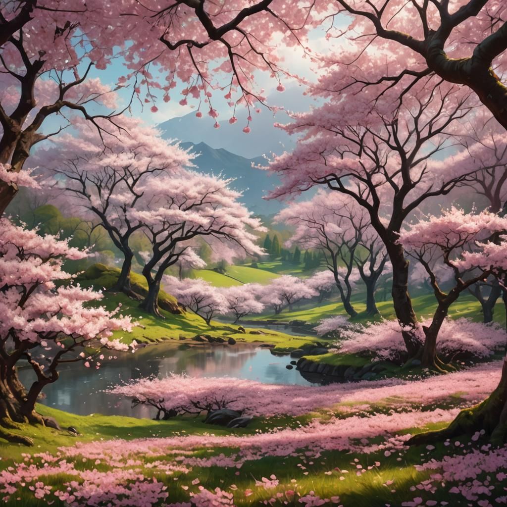 Cherry Blossom Landscape: Vivid Oil Painting