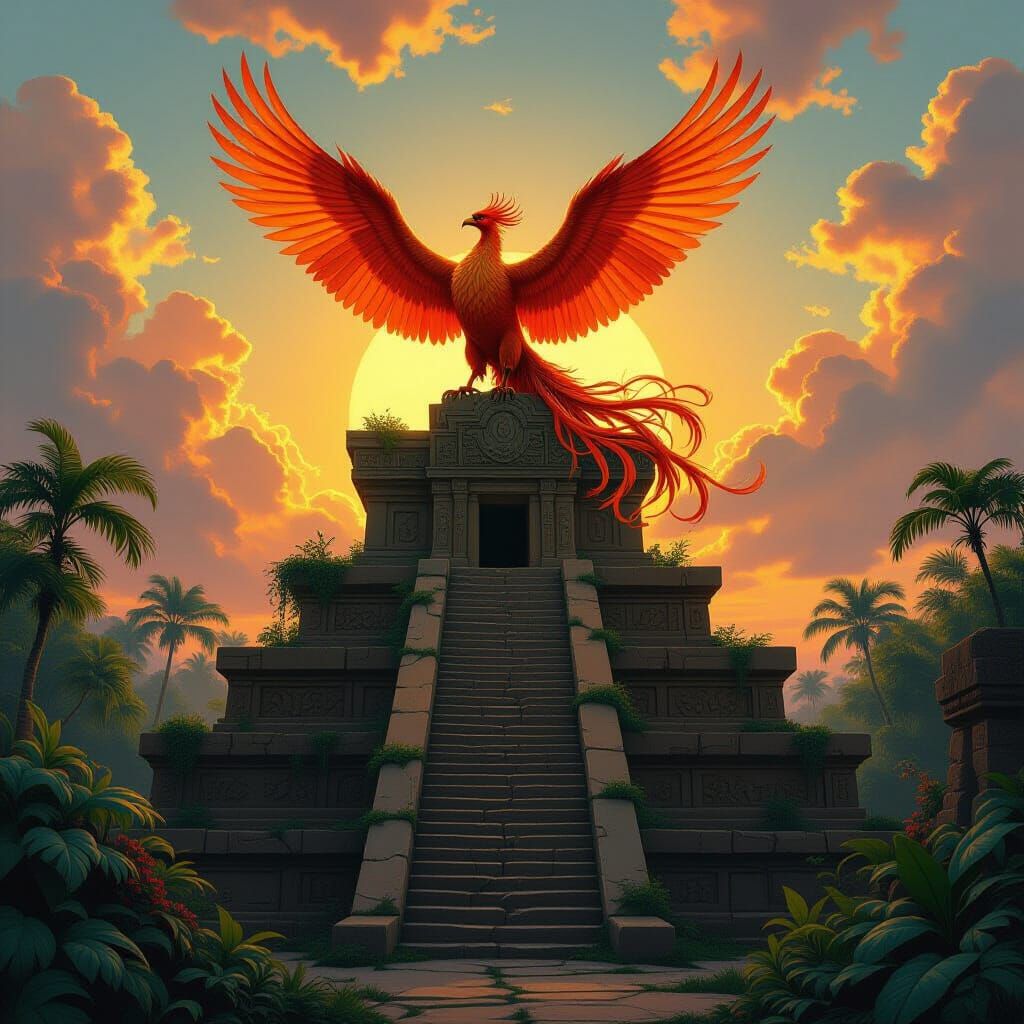 Majestic Phoenix on Ancient Ziggurat at Sunset