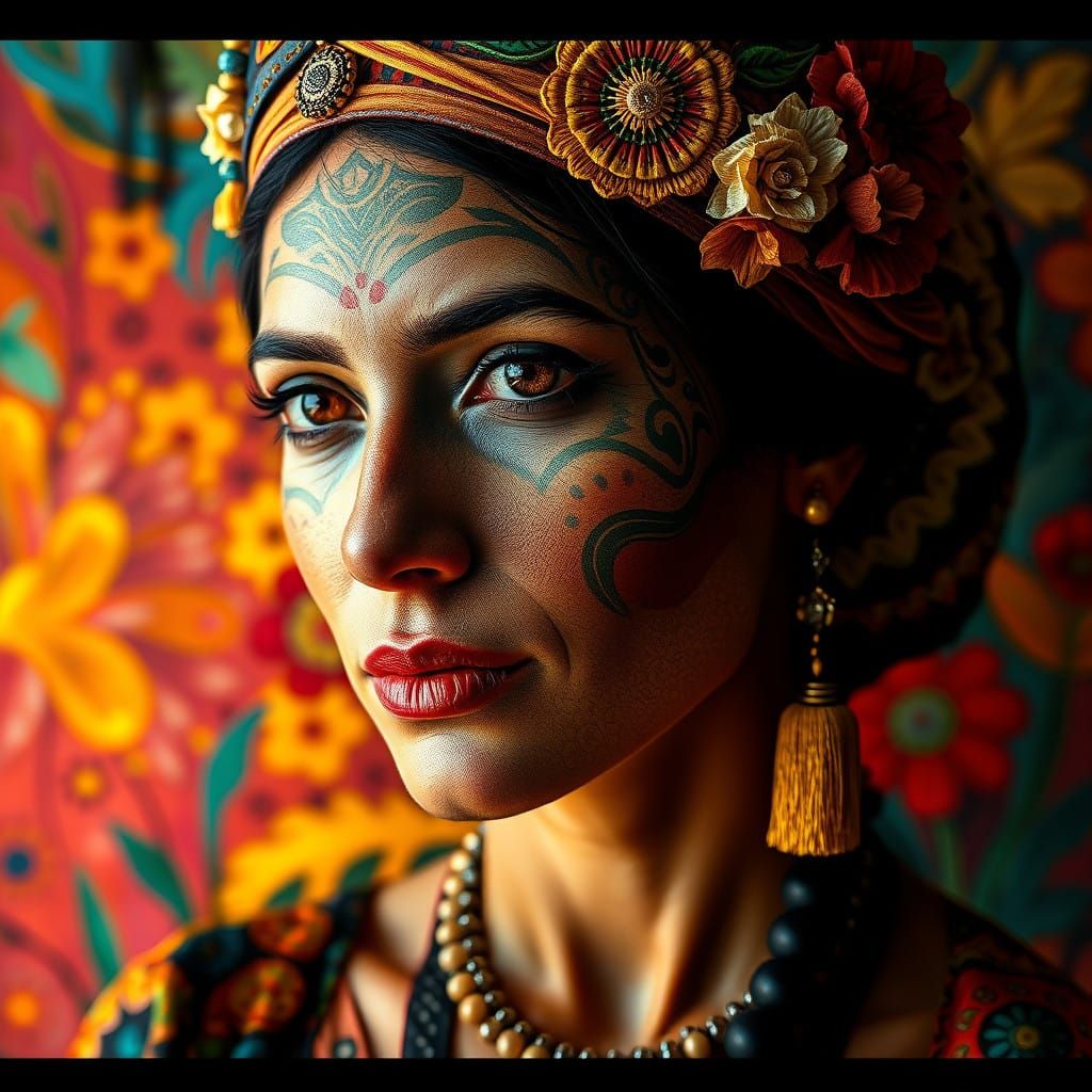 Colorful Folk Art Portrait of a Woman